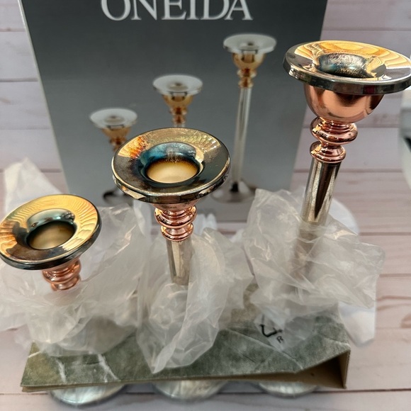 ONEIDA Set Of 3 Candle Holder Copper Accent Vintage - Picture 4 of 4